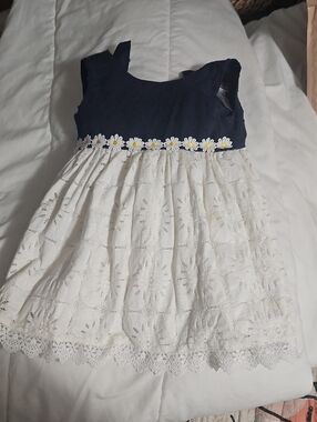 Blueberi Boulevard Navy and White Daisy-Trim Formal Dress